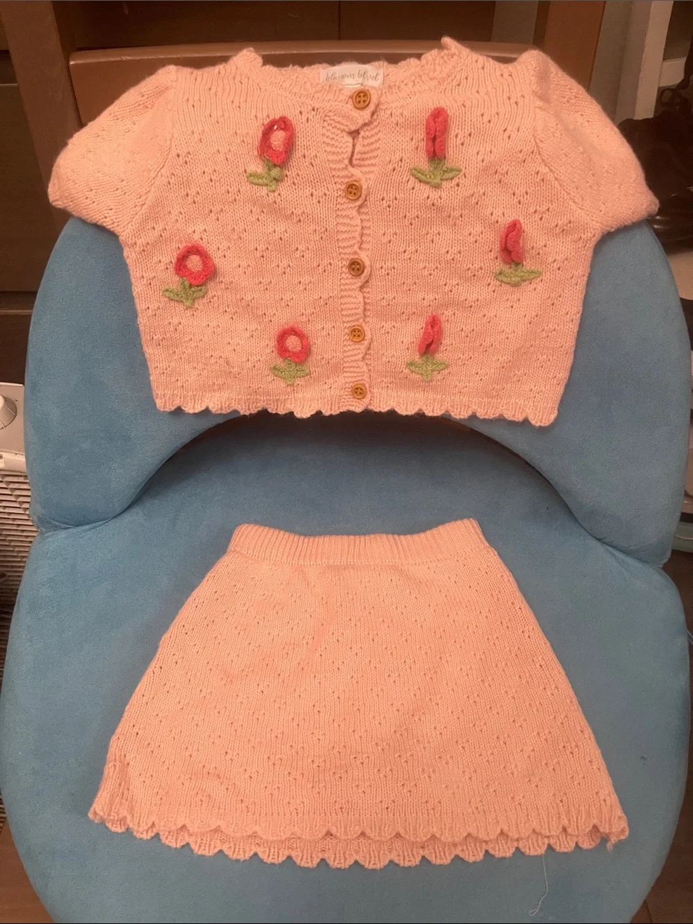 Peach Knit Floral Appliqué Cardigan & Skirt Set